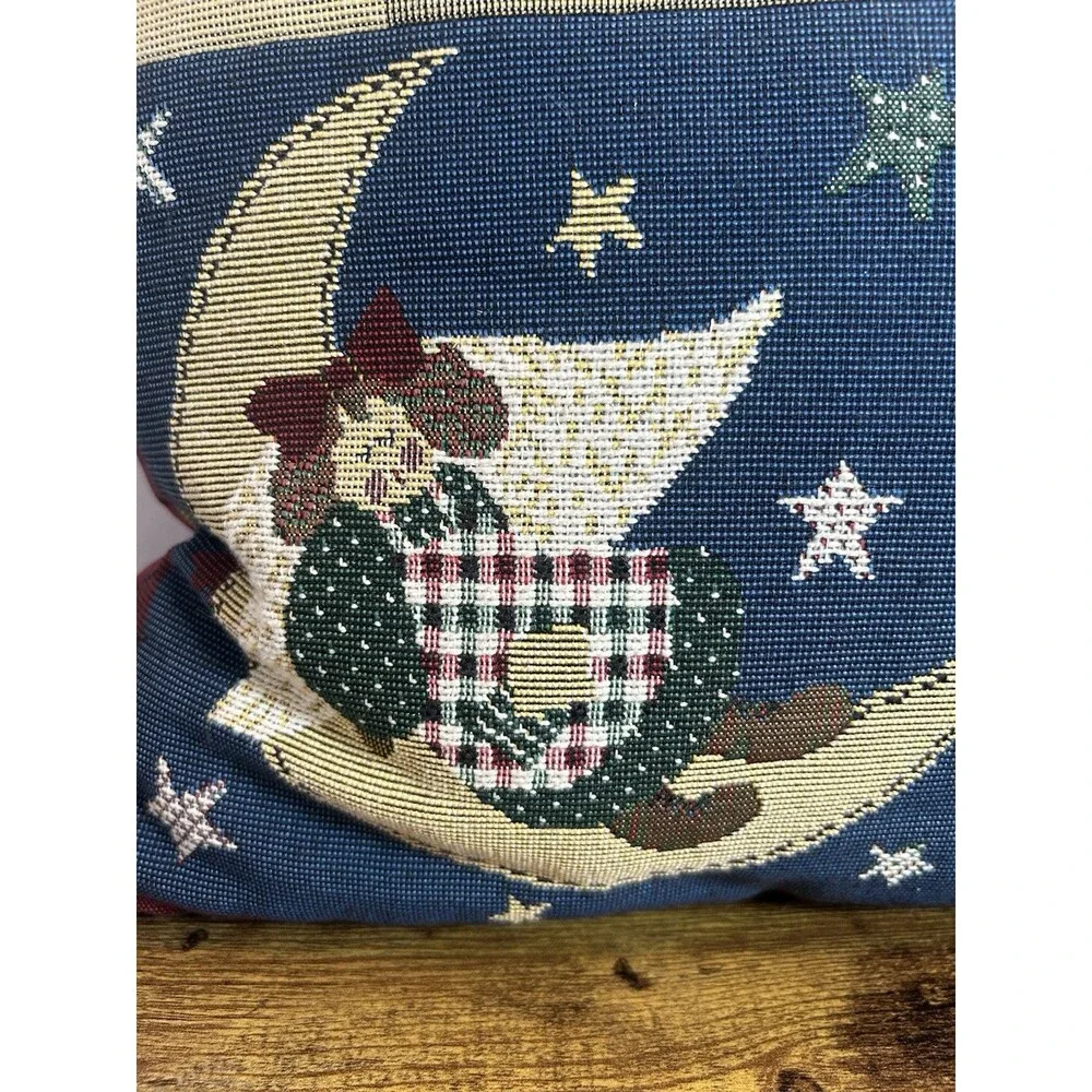 Vintage Christmas Tapestry Pillow Angels Moon Stars Folk Art Cottagecore Decor